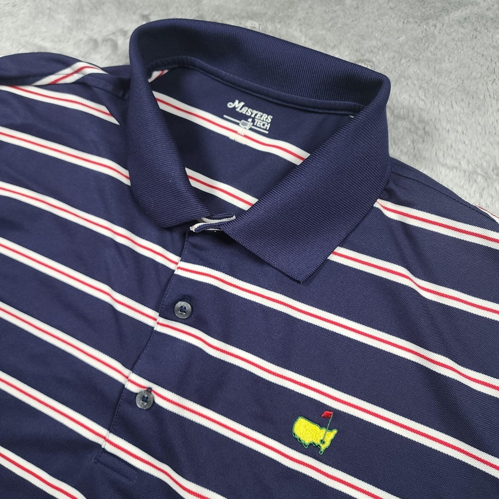 Masters Tech Polo Shirt Mens XL Blue Striped Golf Augusta National Logo Casual